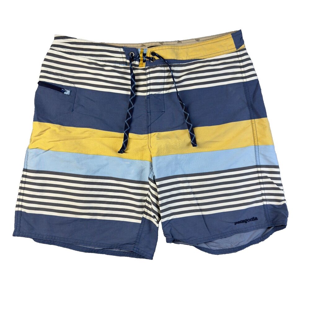 Patagonia Swim Trunks Mens 34 Yellow Blue Wavefarer Board Shorts Striped Outdoor
